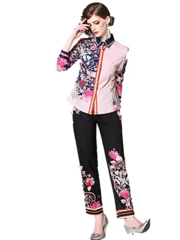 

High Quality Women Fashion 2 Pieces Sets Clothing 2019 Newest Hot Sales Womans Long Sleeve Print Runway Shirt + Long Pants Suits