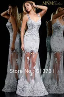2013 See Through Sweetheart Silver Mermaid Tulle Evening Dresses Sheer Applique Beaded Lace Sequins Prom Gown With Straps 8589