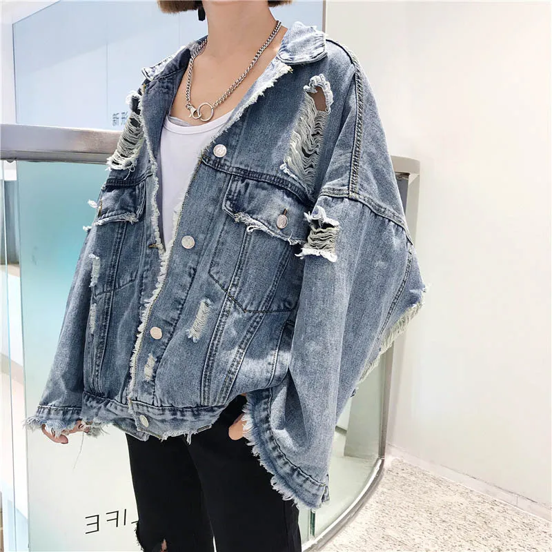 

2018 Spring & Autumn Long Sleeve Outerwear Women'S Denim Jacket Jean Parka Coat Ripped Hole Pockets Oversize Female Clothing