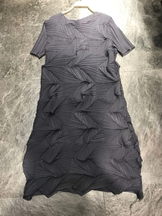 Miyake модное плиссированное платье с коротким рукавом и круглым вырезом - Цвет: Темно-серый