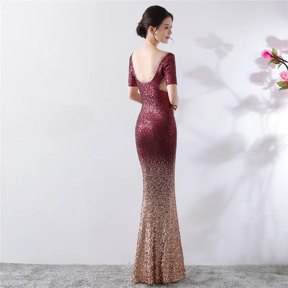 It's Yiiya Evening dresses V-neck Sequined Zipper back Mermaid Party Gowns Royal Crystal Floor-length Trumpet Prom dress C166