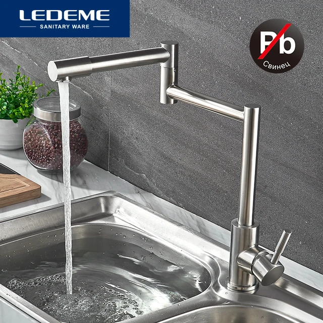 Special Price LEDEME Stainless Steel Kitchen Faucet Lead-free Folding Mixer 360 Degree Swivel Single Handle Nickel Kitchen Sink Taps L74005