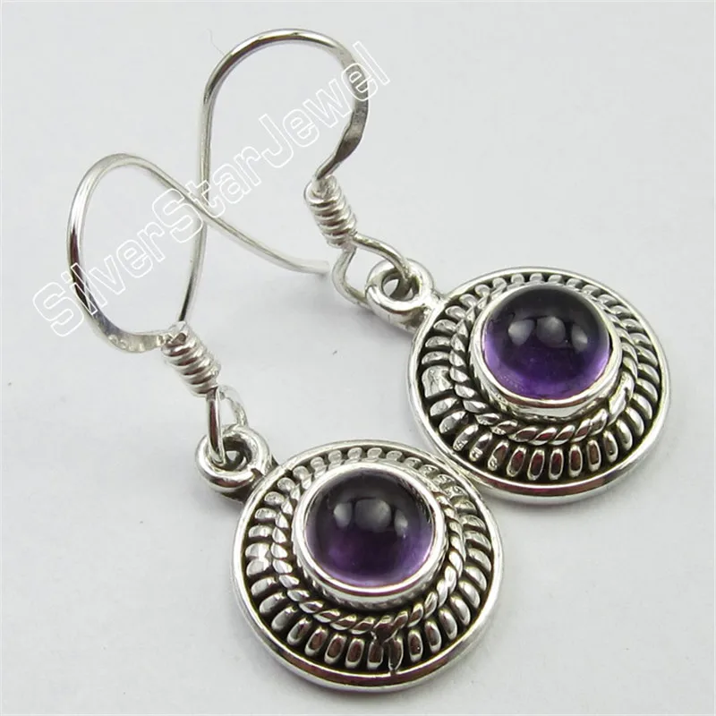 

THEME ETHNIC ! Sterling Silver PURPLE AMETHYSTS ART Earrings 3.0 CM 4.9 Grams Variation