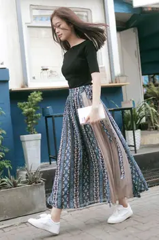 

Midi Skirt Faldas Real Rushed Natural Polyester Cotton Print Mid-calf None Skirt Women Free Shipping 2020 Autumn Panel Long