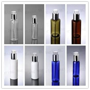 

100ML White/Green/Clear/Brown/Blue PET Bottles With Silver Ring Press Pump Plastic Bottle,100ml Lotion Cosmetic Containers