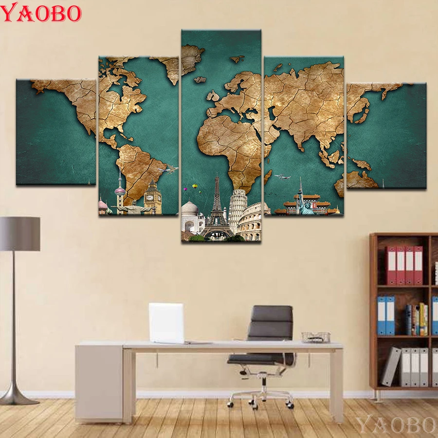 Full square Round Diamond Painting Art design world map in Paris Multi-picture Combination 5D DIY Embroidery Mosaic Decor 5pcs | Дом и сад
