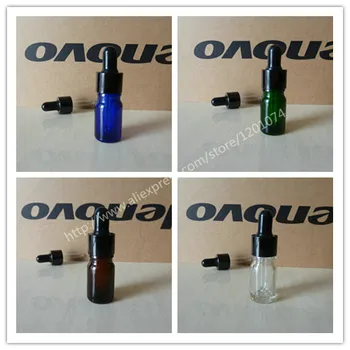 

5ml clear/blue/green/brown shiny Glass Essential Oil Bottle With aluminum shiny black dropper cap. Essential Oil Container