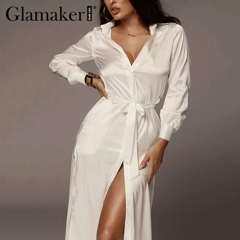 

Glamaker High split satin sexy maxi dress Women summer vintage long sleeve blouse dress Elegant female lace up party club dress