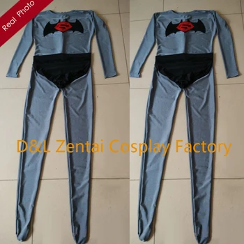 

Free Shipping DHL 2015 Real Gray Super Batman Spandex Costume With Superman Logo Cosplay Costume DC1241
