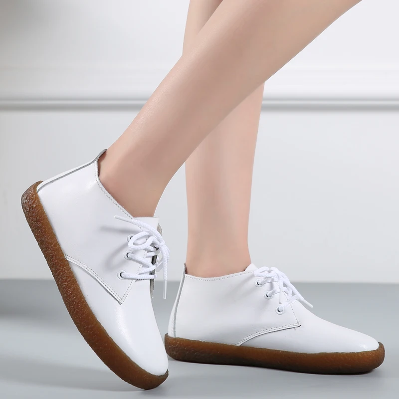 

GOODRSSON Women casual shoes high top leather lightweight black flats new fashion white color female shoes big size 43 footwear