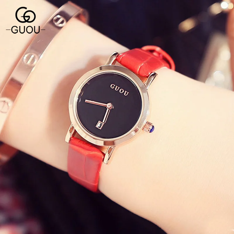 

GUOU 2017 Top Brand Women Dress Quartz Watches Charm Leather Calendar Simple Trendy Wristwatch Clock Reloj Mujer Girl GU003