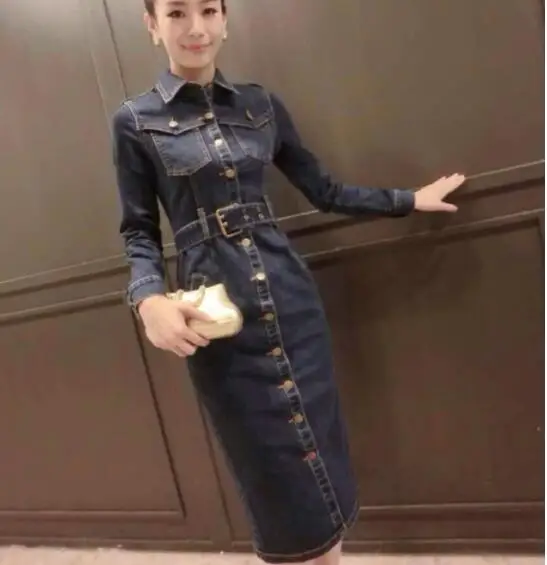 

2019 Spring Women Denim Dress Plus Size Vintage Jeans Dresses With Pocket L-6XL Elegant Ladies Jeans Dress Vestidos AW657