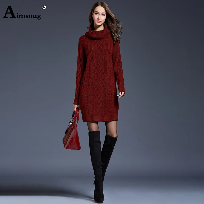 

Plus size 3xl 4xl Solid Wine Red Natural Waist Thick Section Women's Sweater Dress Turtleneck Female Pullover Sweater Dress