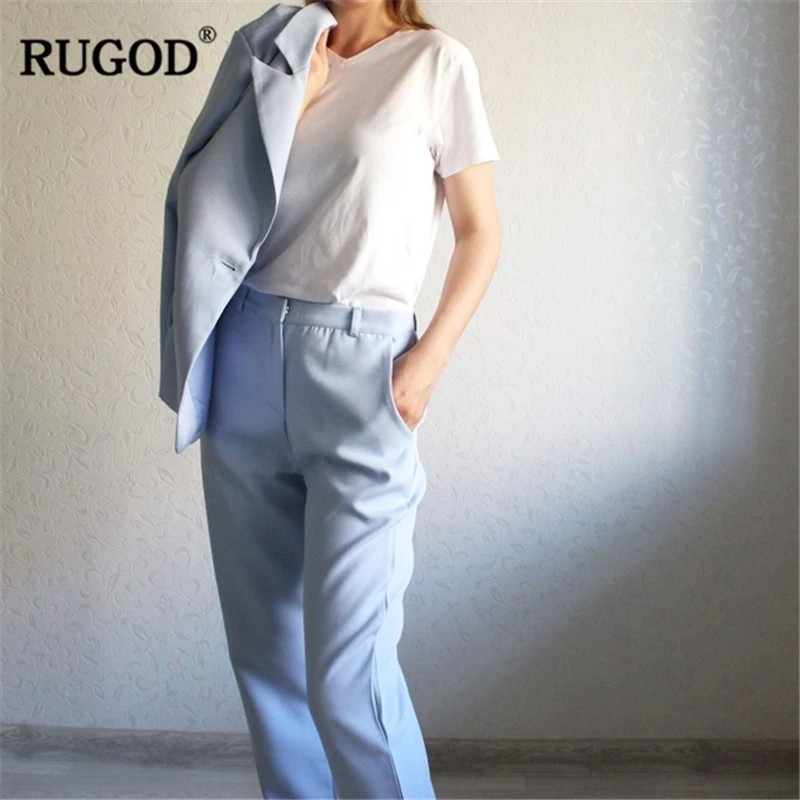 RUGOD костюм с пиджаком, однотонный простой комплект из 2 предметов, Длинная тонкая куртка+ брюки, костюм, женские блейзеры и куртки, большие размеры, Офисная Леди