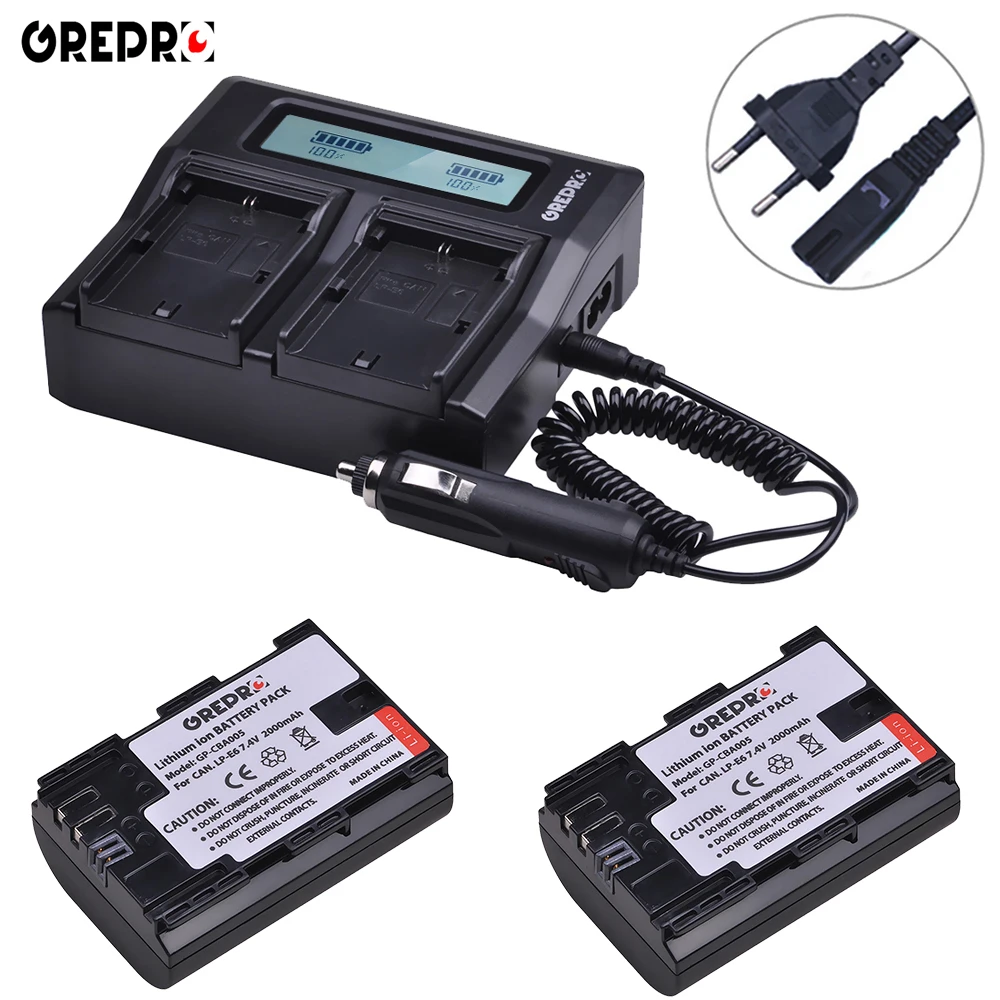 

GREPRO 2pcs 2000mAh LP E6 LPE6 LP-E6 E6N Camera Battery+LCD Charger for Canon EOS 5DS R 5D Mark II 5D Mark III 6D 7D 80D Bateria