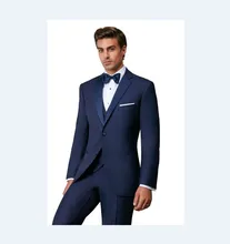 New Arrival Groomsmen Notch Satin Lapel Groom Tuxedos Navy Blue Men Suits Wedding Best Man Blazer (Jacket+Pants+Tie+Vest) B946