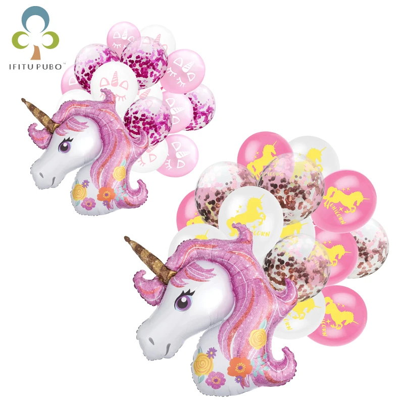 16pcs Pink Unicorns Balloon Latex Confetti Balloons Foil Unicorn