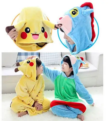 Anime Poke mon pika chu jumpsuit Cosplay Onesie Children Kids Flannel Animal Pajamas Anime Cartoon Costumes Sleepwear Free ship