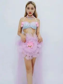 

Sparkly Rhinestones Sexy Bra Pink Long Trailing Women's Dance Party Wear Nightclub Costume Female Singer 2 Piece Set DJ Outfit