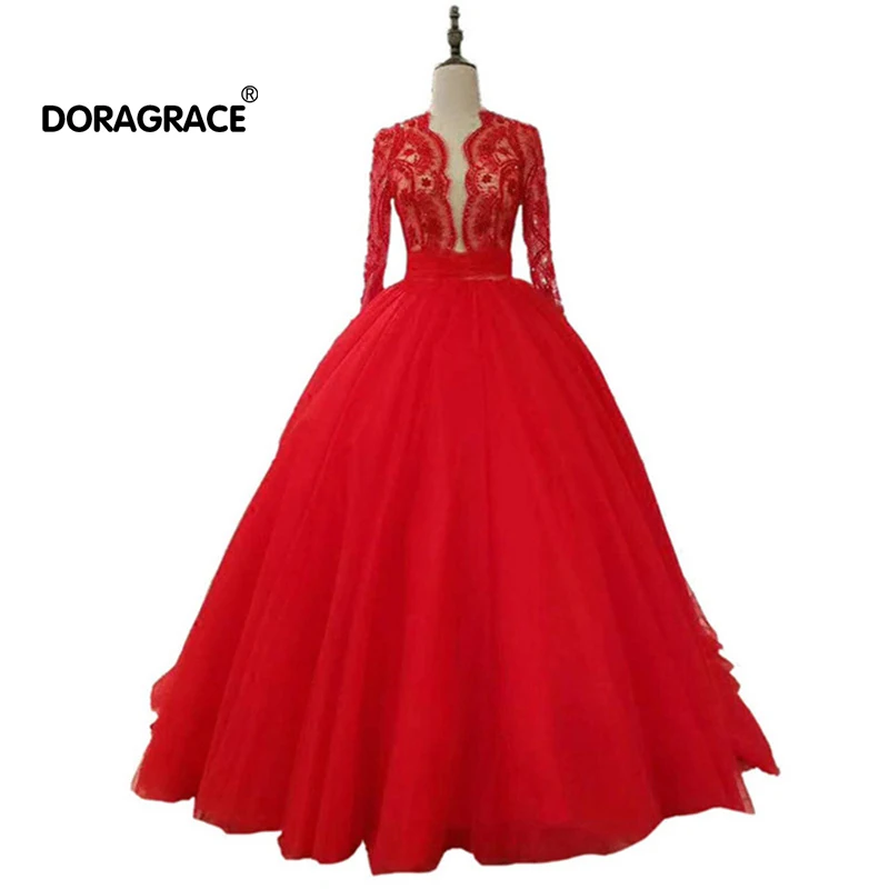 

Doragrace Glamorous A Line 3/4 Sleeve Beaded Lace Evening Dresses Prom Gowns Plus Size