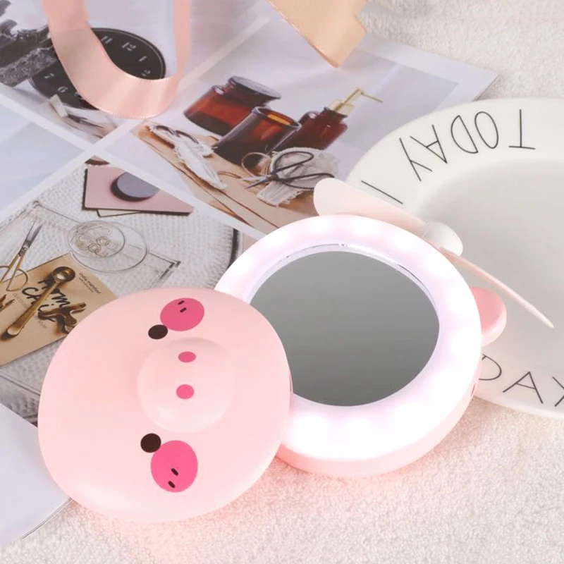 Portable Cartoon LED Light Makeup Mirror Multi-founction Portable Pocket Mini Animal Cute Makeup Mirror Fan Make Up Tools