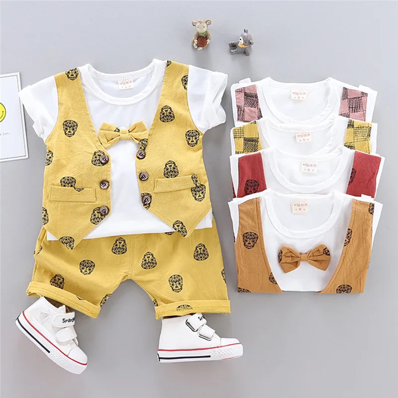 Children's clothes 2019 new Infant Baby Boys Summer Gentleman Print Short Sleeve Bow Shirt+Shorts Pants Sets  (4)