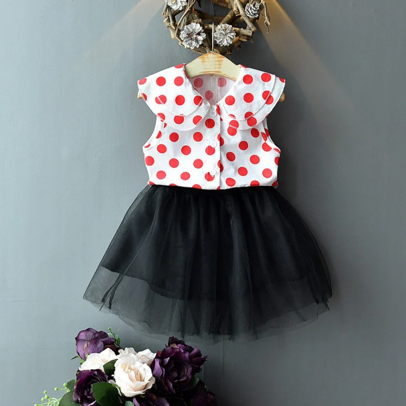 

Summer Baby Girls Clothes Fashion Dot Print Sleeveless Tops Blouse+Mesh Skirts Suits Toddler Costume Set