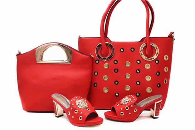 

Red Italian designs Shoes and Bag Set African style in high quality 3 in 1 bags set