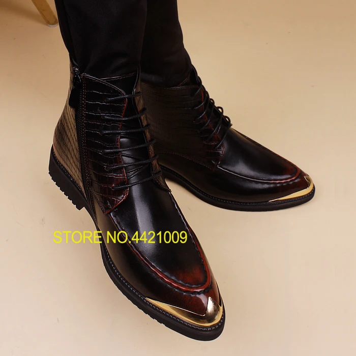 

Lace Up Man Knight Boots Ankle Martin Boots Korean Style Retro Gold Pointed Toe Male Casual Work Boots Winter Shoes
