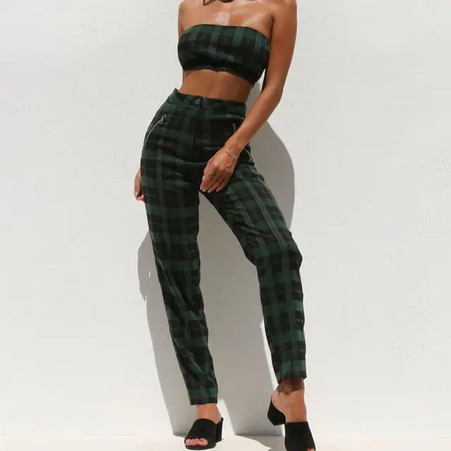 Cheap Fashion Swag Girls Streetwear 2Pcs Women Strapless Crop Top&Pants Plaid Two-piece Suits High street Clubwear Set new 2018 summer Cheap Fashion Swag Girls Streetwear 2Pcs Women Strapless Crop Top&Pants Plaid Two-piece Suits High street Clubwear Set new 2018 summer