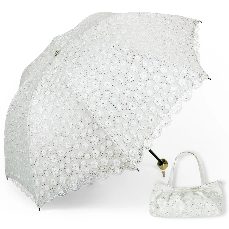 Двойной слой кружева 3 Складной Ветрозащитный женский зонтик белый розовый анти-УФ Защита подарок девушка женский Зонтик Свадебный - Цвет: White