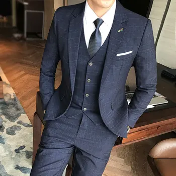 

Suit Men Winter New Suit Set Large Sizes Dark Blue Check Business Dress Casual Mens Clothing Single-breasted Wedding Mens Suits
