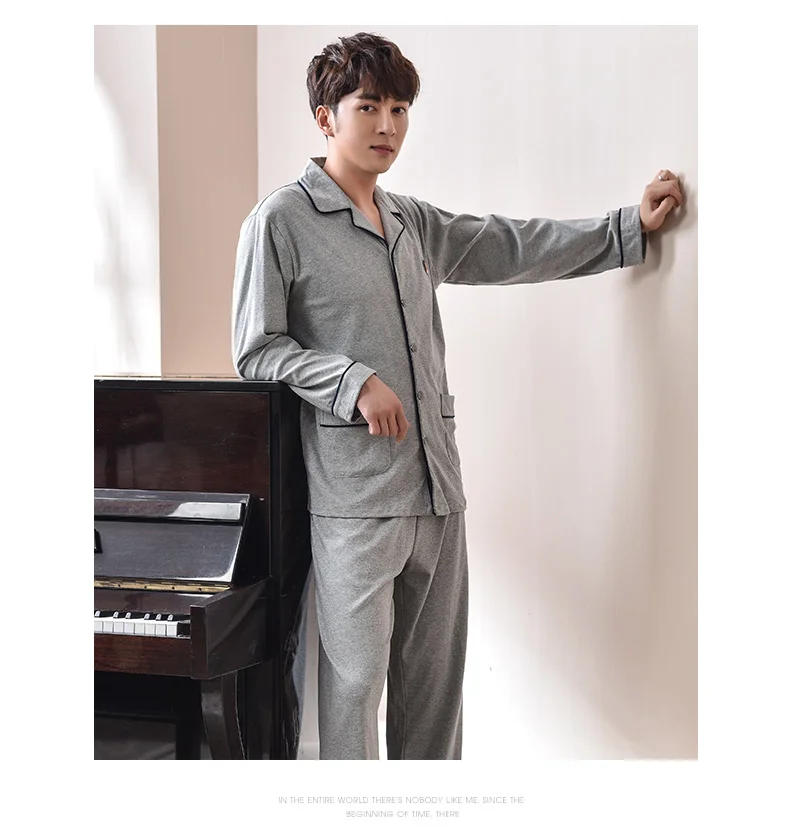 Новый пижамный комплект, мужская хлопковая одежда для сна, серая Домашняя одежда, весенний кардиган с длинными рукавами