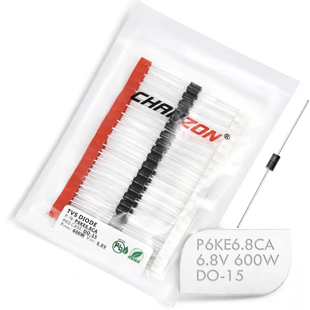 

(50/300 Pcs) TVS Diodes P6KE6.8CA 600W 6.8V DO-15 (DO-204AC) Axial Bidirectional Channel 600 Watt 6.8 Volt