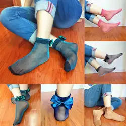 Лидер продаж модные женские туфли Блеск Лук Узел сетки ажурные Чистая девушка Low Cut носки до лодыжки Эротические чулки для женщин