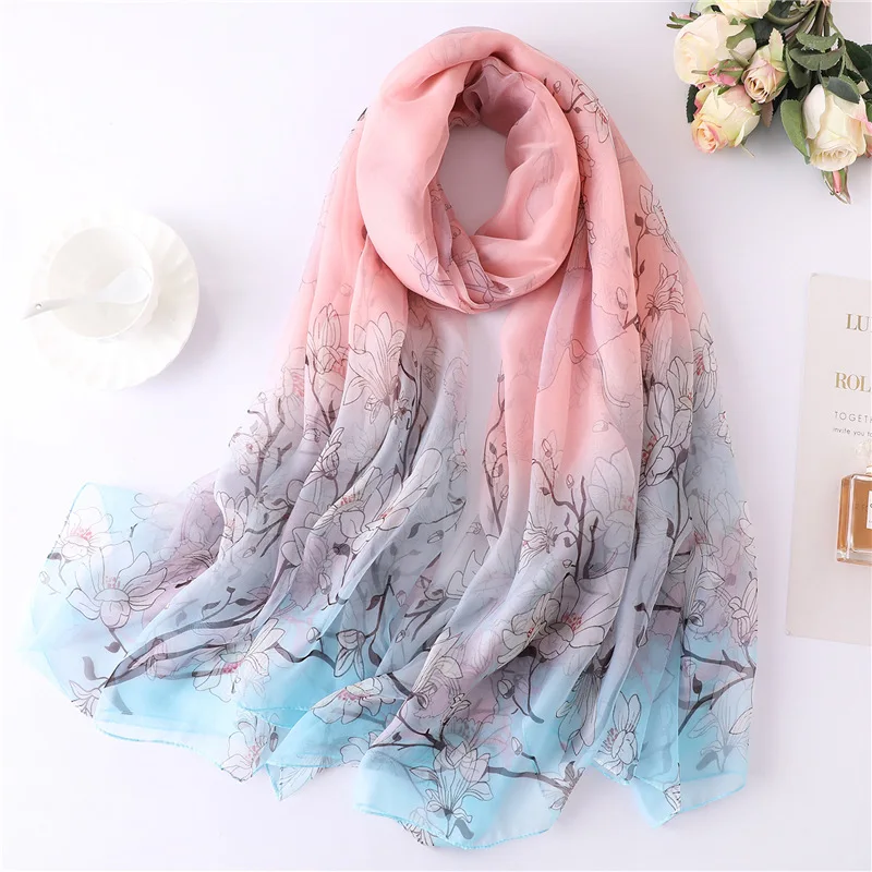

2019 New Fabric Two-color Gradient Silk Scarf for Women Thin Shawls and Wraps Large Travel Pashmina Lady Floral Print Scarves