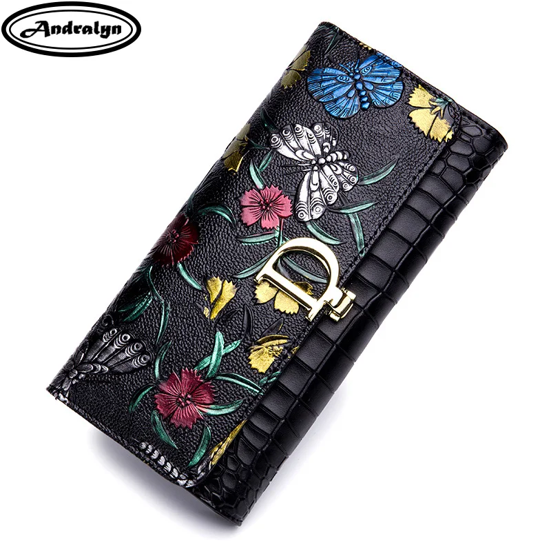 

Women Wallet Flowers Pattern pretty Women Wallet Genuine Leather Clasps Coin Purse Glossy Surface Soft Leather Card Holder New