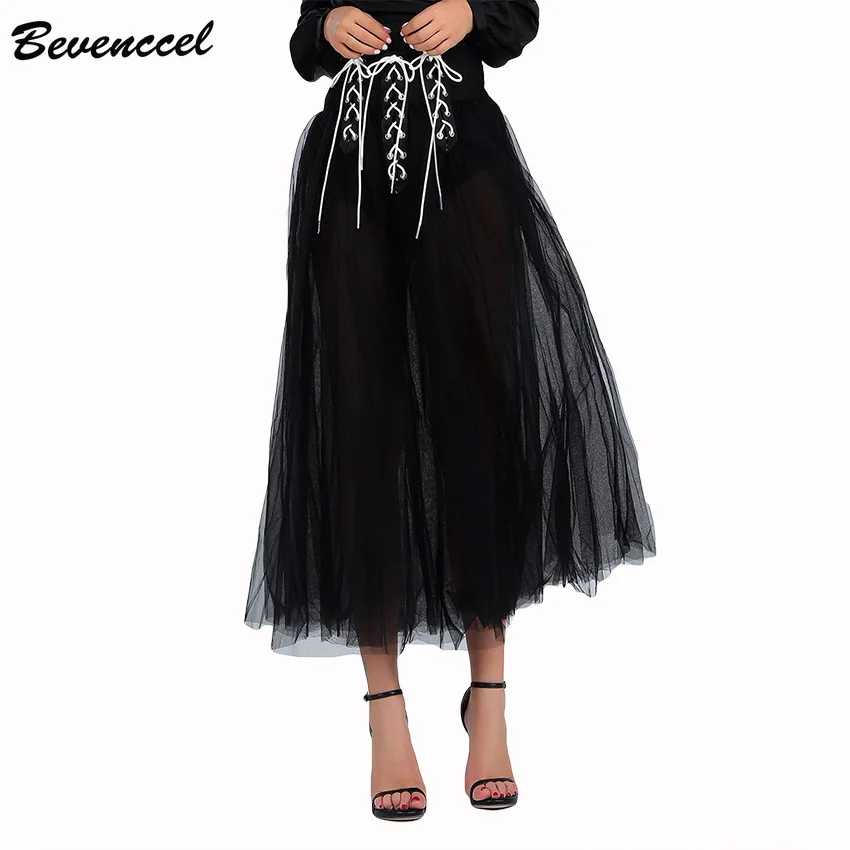 

Bevenccel 2019 New Sexy Black Mesh Bandage Skirt Chic Front Lace Up Elegant Long Skirt Women Skirts