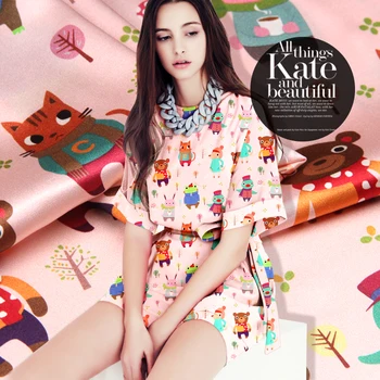 

118cm wide 19mm 93% silk & 7% spandex cartoon print pink stretch silk satin fabric for dress shirt clothes cheongsam D568