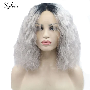 

Sylvia silver grey ombre curly synthetic lace front wigs natural grey bob hairstyle heat resistant fiber hair with dark roots