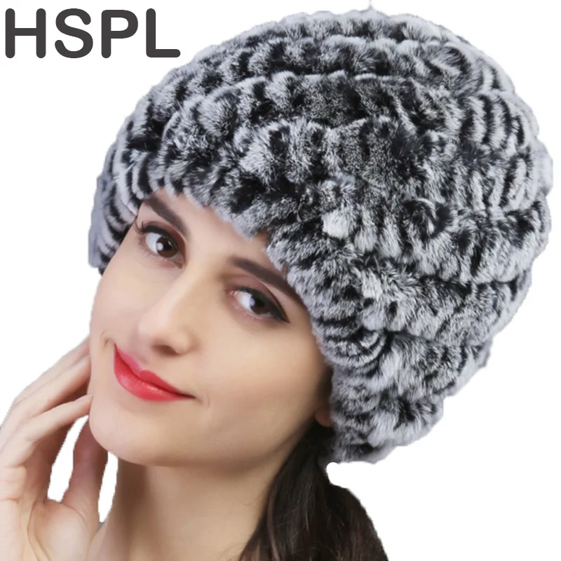 

HSPL Fur Hat Guarantee 100% Natural Genuine Rex Rabbit Fur Cap Knitted Hats For Winter Women Beanies bone Warm Pineapple Cap
