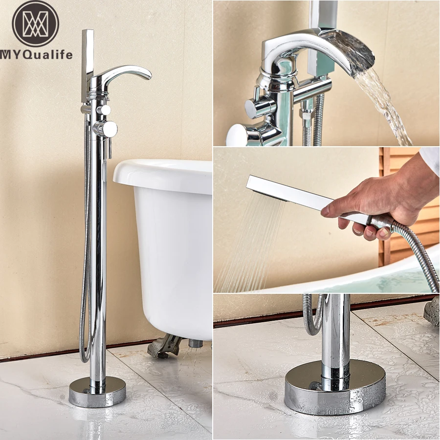 Floor Mounted Waterfall Bathtub Faucet Chrome Black Standing Bath Tub