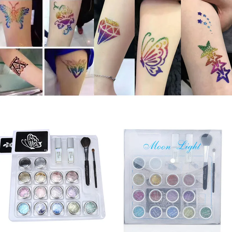 

15 colors Professional Temporary Tattoo Body Art Glitter Tattoos kit with brushes glue stencil White Gel Glue tattoo equipment