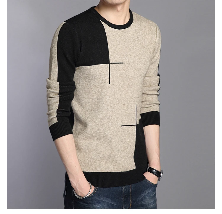Новая Осенняя зимняя модная брендовая одежда пуловер и свитеры для мужчин с круглым вырезом контрастного цвета облегающие воздухопроницаемые свитера для мужчин
