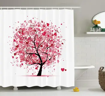 

Tree Life Ornate Valentine Tree Swirling Hearts Doodles Love Future Couple Bathroom Shower Curtain Set Red Black