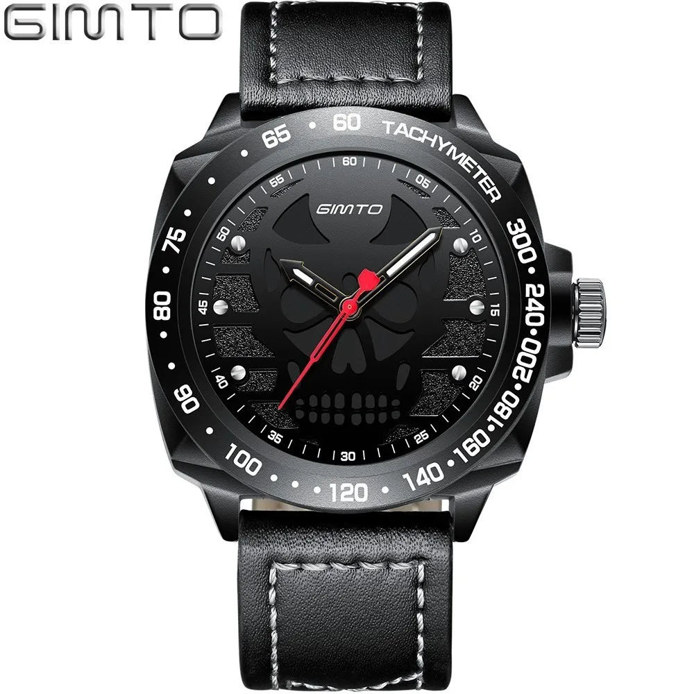 

GIMTO Unique Skull Watch Men Fashion Personality Design Male Watches Man Clock 2018 Luxury Brand Mens Waterproof Watches Leather