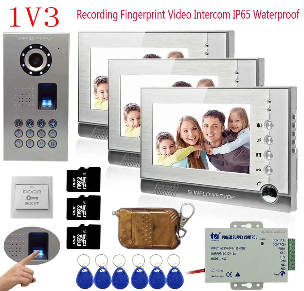 

Video Intercom With Recording Door Phone 7" Color Monitor 3 Units House Intercom Fingerprint/Rfid/Keypad Camera+Remote Control