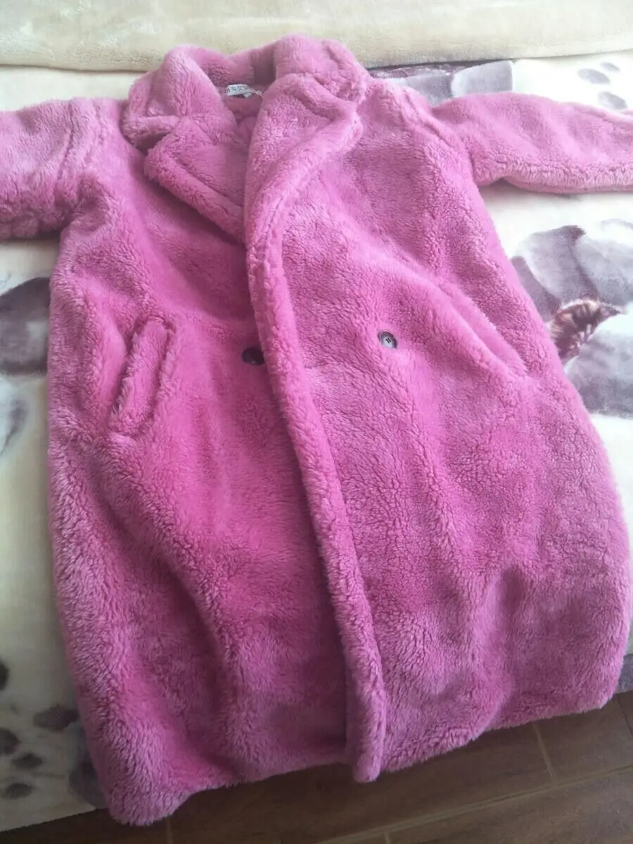 Новинка, зимнее шерстяное пальто с плюшевым мишкой, пальто розового и красного цвета, женская верхняя одежда, Женская куртка, плотное теплое Свободное длинное пальто