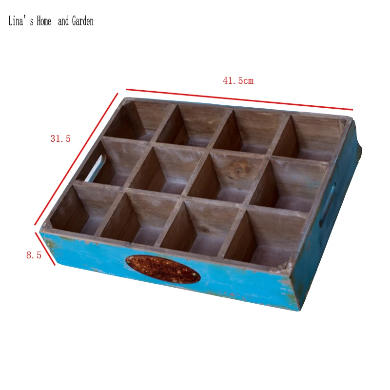 chic blue 12 equal dividers vintage solid handmade wooden crates rustic (5)