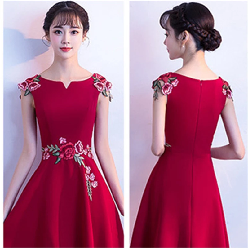 

Short Sleeve Cocktail Dresses Elegant Embroidery Red Formal Party Dress Royal Flowers Satin A-line Knee Length Prom Gowns E311